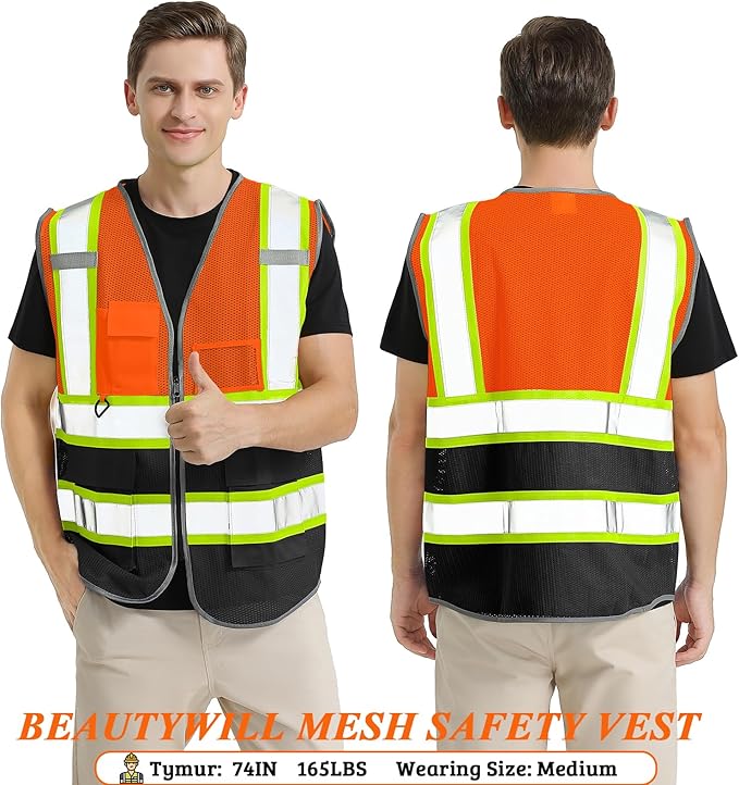 BeautyWill Custom Mesh Safety Vest Customized Logo Class2 High Visibility Reflective Vest with Pockets Construction workwear（Orange Black，3XL ）