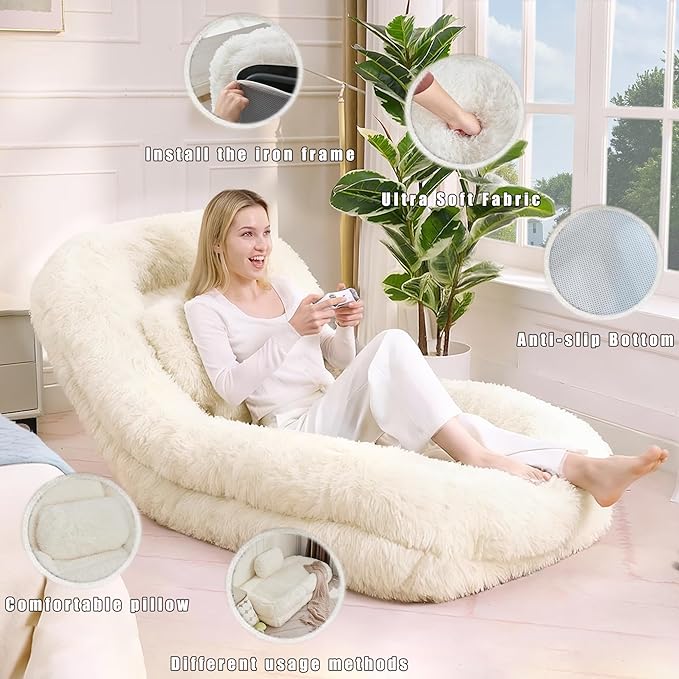 Adjustable 5-Position Human Dog Bed for People, Big Comfy Plush Floor Gaming Lazy Sofa Chair with Pillows & Back Support, Foldable Lounge Loveseat Couch for Living Room Bedroom (Beige)