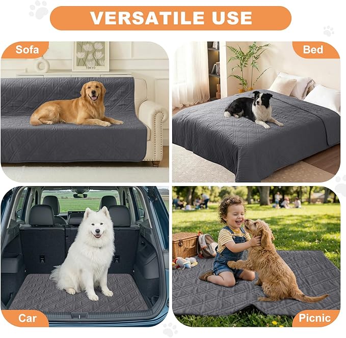 100% Waterproof Dog Couch Protector, Triple-Layer Waterproof Dog Bed Cover Pet Blanket Reversible 2-Tone Sofa Shield, Non-Slip Furniture Guard for Pets(82×92 Inch, Gray+Gray)