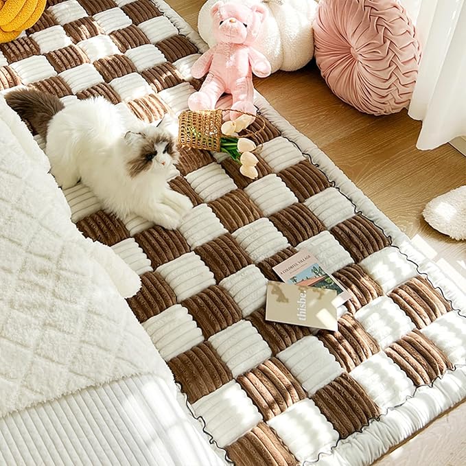 FunnyFuzzy Cream-Coloured Plaid Square Pet Mat Bed Couch Cover, Winter Thickened Dog Bed Cover Pet Blanket Sofa Couch Furniture Protector For Kids Dog Cat(Size:27.6*82.7 in,Color:Dark Brown)
