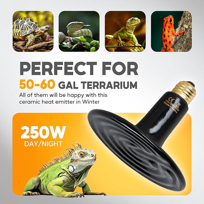 HealSmart 250W Reptile Heat Lamp Ceramic Heat Emitter, No Light Emitting Heat Bulbs, Suitable for Snake/Lizard/Spider, Plant Growth and Incubating Chicken, 2-Pack