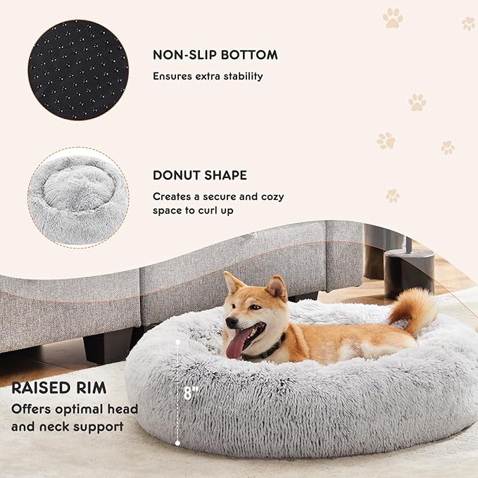 Sweetcrispy Donut Dog Bed, XL Large Round Calming Cat Bed with Washable Waterproof Cushion, Anti-Anxiety & Anti-Slip Fluffy Cuddle Cozy Faux Fur Plush for Pet Puppy Indoor Sleeping (37.4"x37.4", Gery)