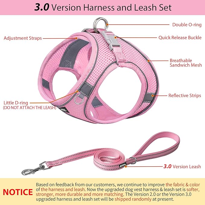 AIITLE Comfortable Dog Harness and Leash Set for Walking - Step in Vest Harness,Reflective Bands, Adjustable No Pull Puppy Essentials, for Small Dogs and House Cats Pure Pink XS
