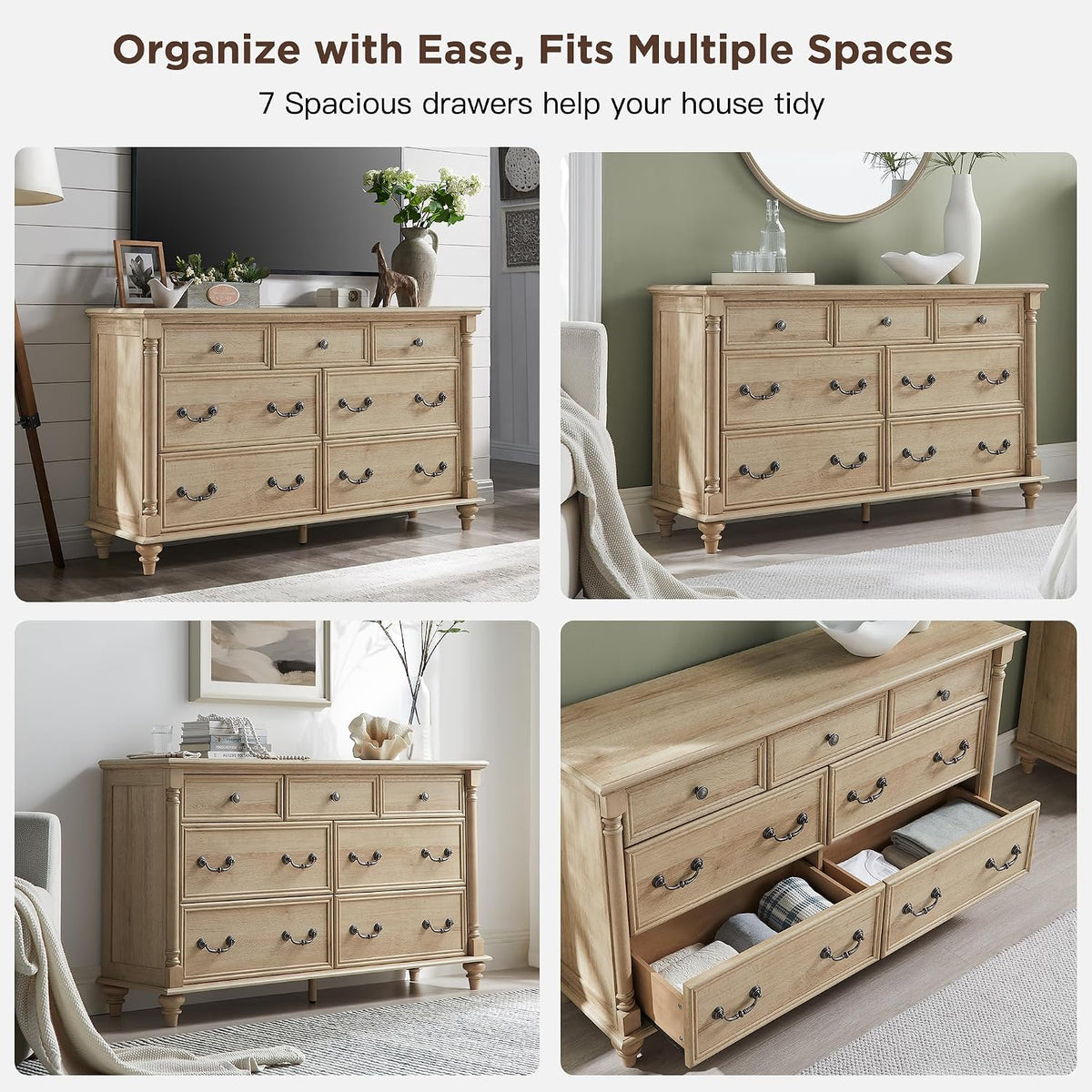 T4TREAM Farmhouse 7-Drawer Dresser with Solid Wood Feet, Natural Oak