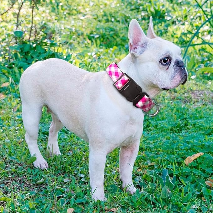Reflective Dog Collar Padded with Soft Neoprene Breathable Adjustable Nylon Dog Collars for Small Medium Large Dogs (X-Small (Pack of 1), Pink Plaid Collar+Leash)