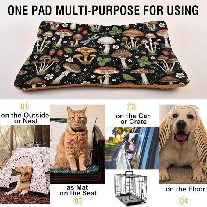 Emelivor Mushrooms Black Dog Cat Bed Washable Crate Pet Bed Anti-Slip Comfortable Puppy Kennel Bed for Indoor Small Medium Large Dogs, 24x18in