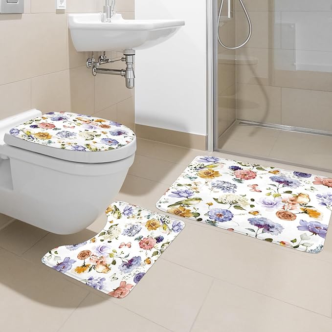 4 PCS Purple Floral Birds Bathroom Set with Shower Curtain and Rugs 72Wx72H Inch Classical Watercolor Non-Slip Bath Rug Toilet Lid Cover and U Shape Mat Accessories 12 Hooks Bathoom Decor