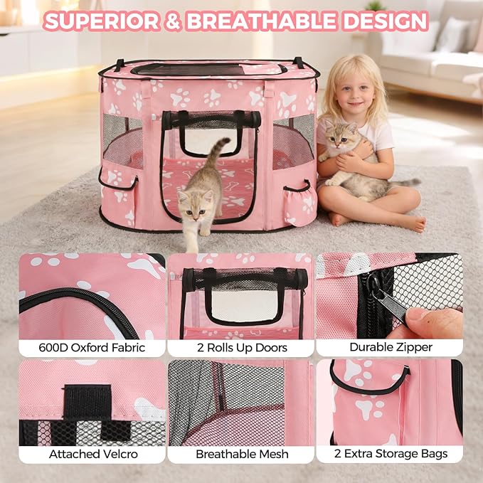 Homimp Portable Pet Playpen for Indoor Cats & Puppies, Foldable Dog Playpen Outdoor Tent Crate Cage with Pee Pad & Carry Bag, Pet Crate with Mesh Sides for Small Animals Travel, Pink M