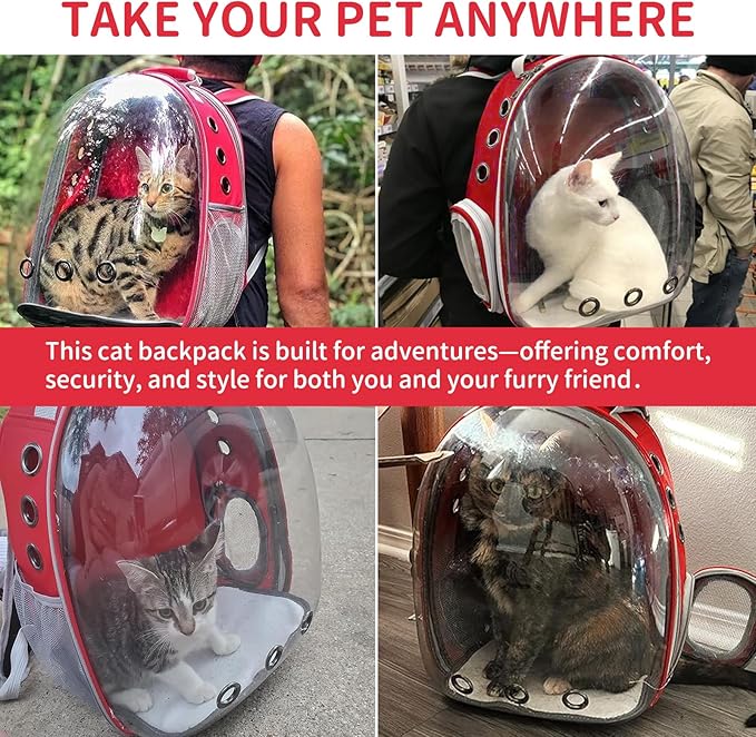 Cat Backpack Carrier, Back Expandable Pet Backpack with Bubble Window, Airline Approved Pet Travel Bag for Small/Medium Cats & Puppies, Hiking, Camping, Outdoor Use (Red)