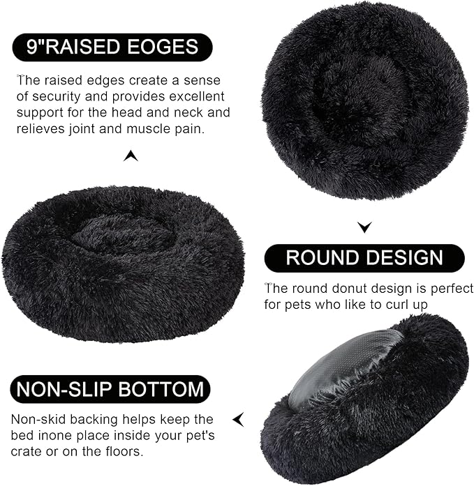 Dog Calming Beds for Small Medium Large Dogs - Round Donut Washable Puppy Dog Bed, Anti-Slip Faux Fur Fluffy Donut Cuddle Anxiety Cat Pet Bed(16'' Black)