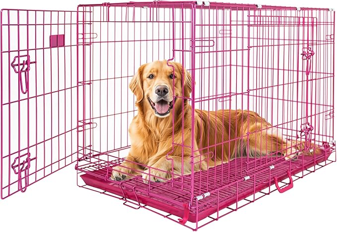 HOMEY PET Pink Dog Cage Large Dogs, Cute 42 Inch Dog Crate Big Collapsible XL Dog Kennel, Nano-Coated Metal Wire Dog Crate with Removable Floor Grid Tray, Double Doors Dual Locks, Portable Handle