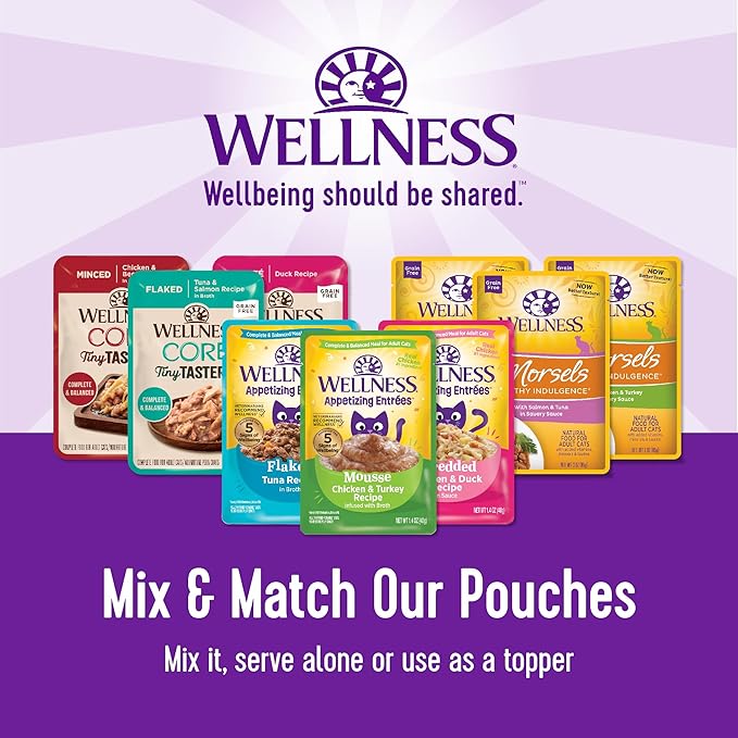 Wellness Healthly Indulgence Morsels Adult Wet Cat Food, Natural, Protein-Rich, Grain Free, 3 Ounce Pouch, 24 Pack, (Turkey & Duck)