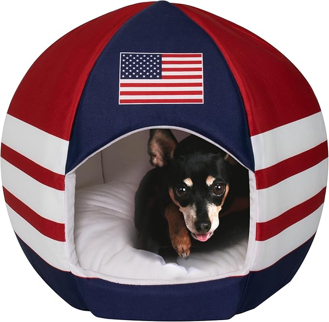 Maccabi Art US Country Dog Bed - Sports Themed Pet Bed - Fits Small Dogs, Puppies, Cats - Pillow Insert with Plush Lined Interrior, Non-Slip Igloo Design - 16 x 18 x 16