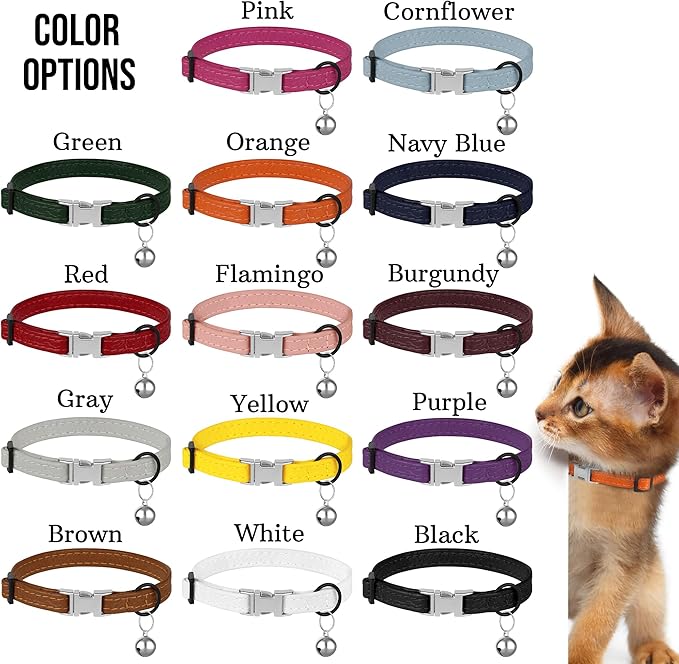 Leather Cat Collar with Buckle and Removable Bell - Non Breakaway Adjustable Soft Safety Small Pet Collars for Girl Boy Cats Kitten (Burgundy)