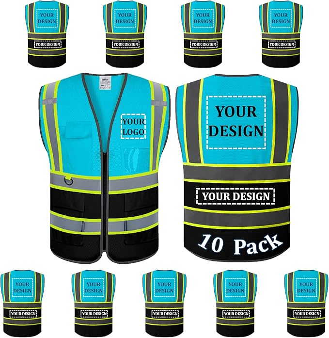 10 Pack Custom Safety Vest Customized Logo Mesh Vest Class 2 High Visibility Reflective Vest with Pockets Workwear（LightBlue Black，M）