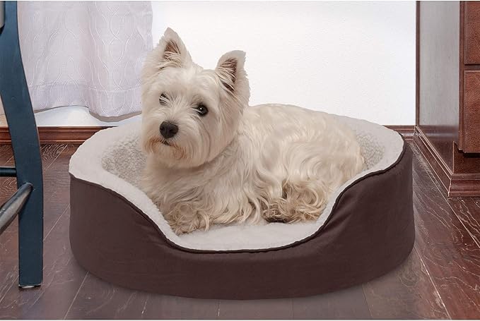 Furhaven Orthopedic Dog Bed for Medium/Small Dogs w/ Removable Washable Cover, For Dogs Up to 18 lbs - Sherpa & Suede Oval Lounger - Espresso, Medium