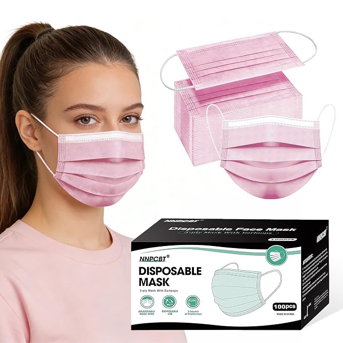 NNPCBT Pink Disposable Face Masks 100 Pack, 3-Ply Breathable Mask