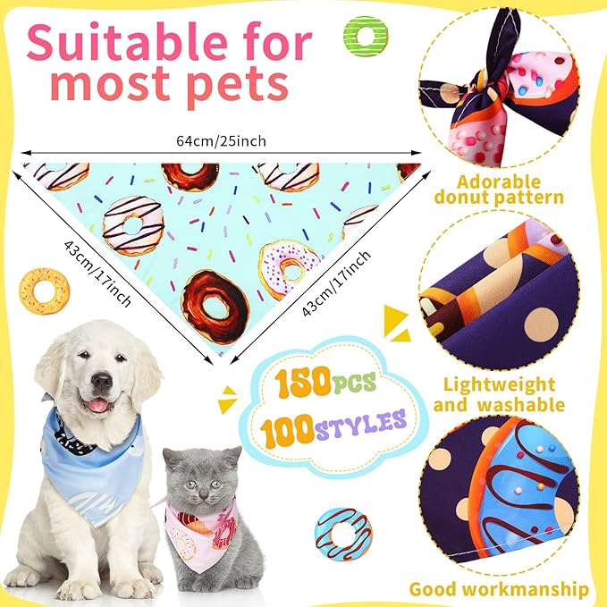 150 Pcs Donut Dog Bandanas Bulk Pet Bibs Colorful Triangle Scarf Donut Pet Bandanas for Medium Large Dogs Spring Summer Candy Theme Birthday Costume Decor