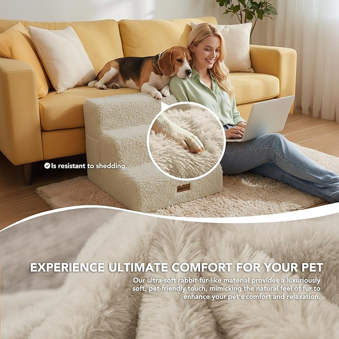 PETNOVO Ultra-Soft Rabbit Fur-Like Dog Stairs for Couch/Bed, Luxury Comfort 3-Step for Small & Senior Dogs, Non-Slip, Removable Washable Cover, OEKO-TEX Certified, 22.4"D x 15.7"W x 15.7"H, Off White