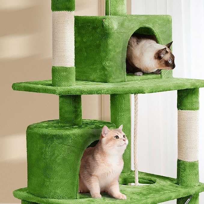 Topeakmart 62.2 inches Cat Tree with Double Condos, Cat Tower with Scratching Posts & Hammock & Foam-Padded Perches, Kitty Activity Tree Center Kitten Play House, Green