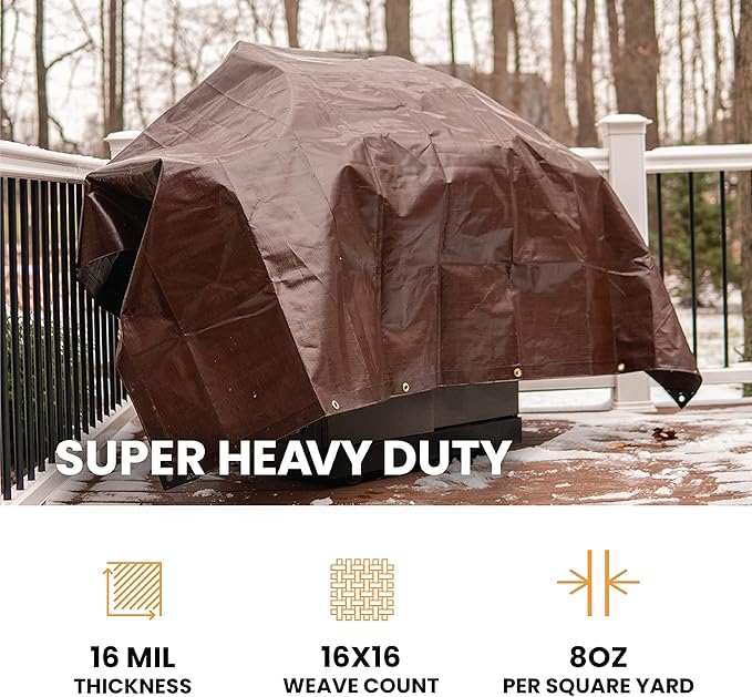 WHITEDUCK Super Heavy Duty Poly Tarp Cover 16 Mil & 10 Mil with Grommets and Reinforced Edges (Brown, White & Silver Black) (Brown- 16 Mil, 12' x 25')