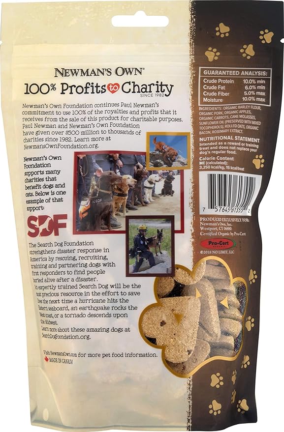 Newman's Own Bacon Flavor Dog Biscuits, 10 oz Bag (Pack of 6) — Oven Baked Crunchy Training Treats, Organic Ingredients, No Wheat Corn or Soy, Premium Quality Wholesome Dog Cookies