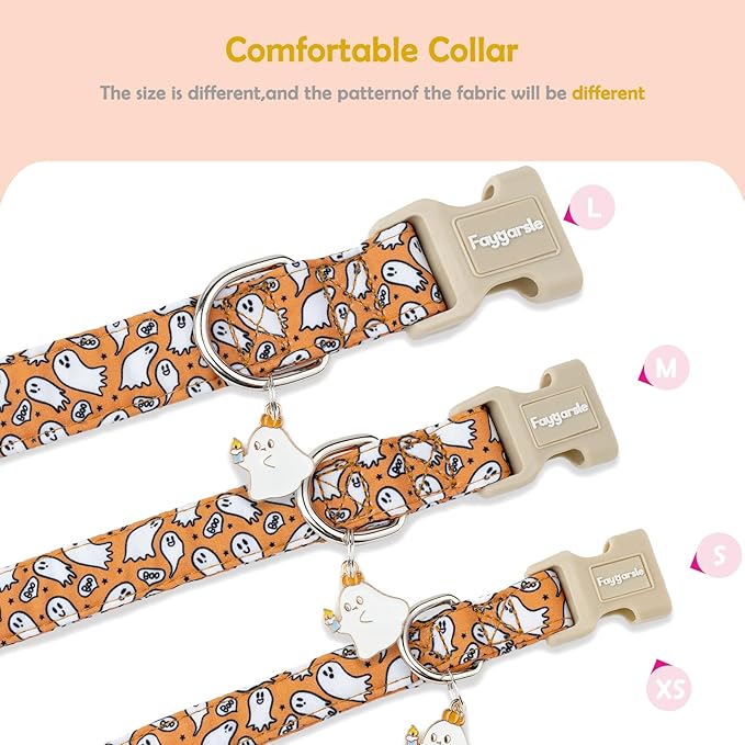 Faygarsle Halloween Ghost Pattern Dog Collar with Charm, Orange and White,for Small Medium Large Dogs M
