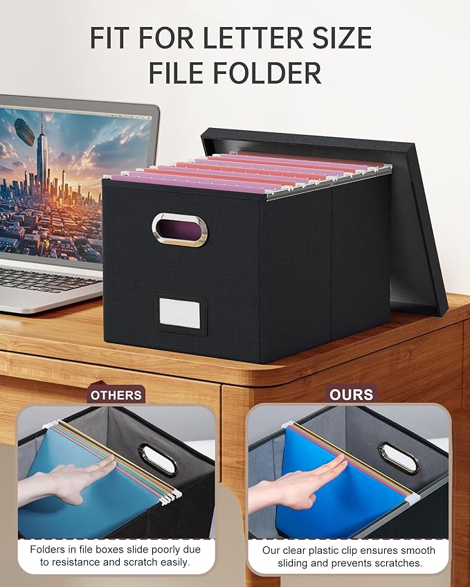 4 Pack File Storage Organizer, Document Organizer, Portable File Box with Lid, Fit for Letter/Legal File Folder Storage,Black-Box only