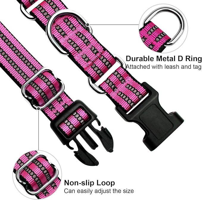 Martingale Dog Collar, Adjustable Nylon Reflective Collar with Buckle No Pull Dog Collar for Small Medium Large Dogs (Pink L)