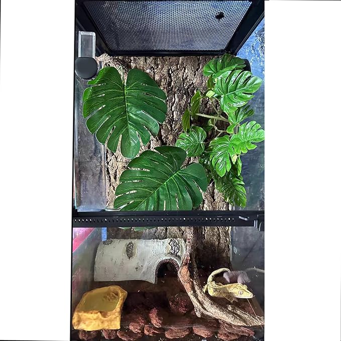 Woyrise Reptile Plants for Terrarium, Artificial Hanging Plants with Suction Cups, Amphibian Tank Habitat Decor Plastic Plant for Bearded Dragons Lizards Snake Geckos Frogs - 2Pack Fake Monstera