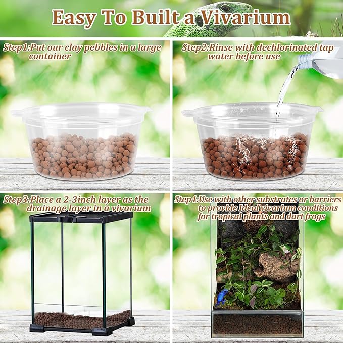 Riare 4LBS Expanded Clay Balls Terrarium Substrate for Reptiles - 100% Organic Lightweight Clay Pebbles Substrate Frogs False Bottom Substrate, Bioactive Terrarium Substrate for Drainage and Moisture