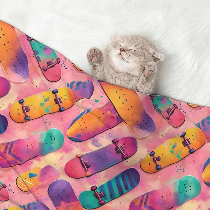 Waterproof Dog Blanket Soft Pet Blanket for Puppy Cat, Fleece Cat Throw Blankets for Furniture Bed Couch Sofa Reversible - Watercolor Colorful Skateboards