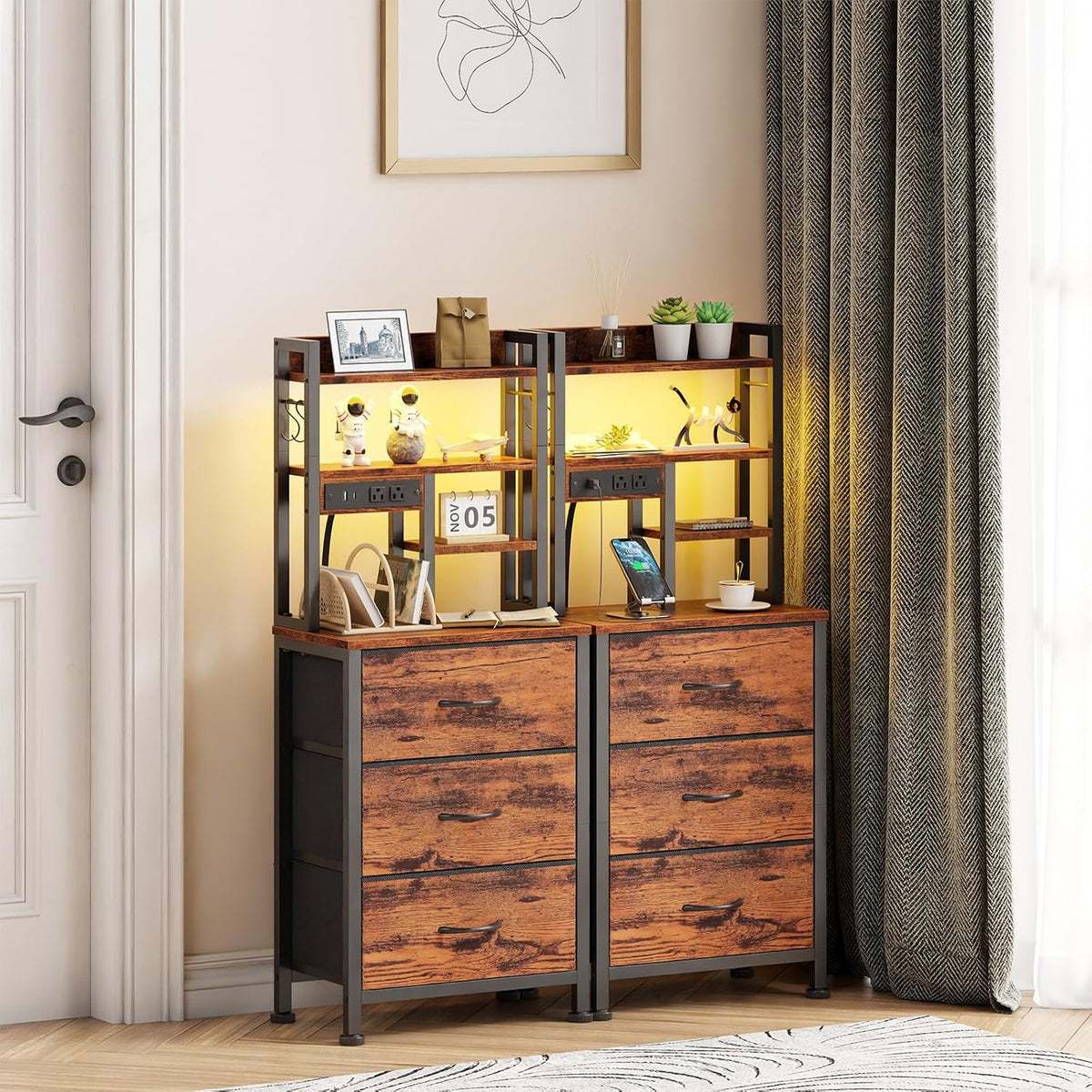 Furnulem Tall Nightstand, 45.3" Bedside Table & End Table, 3 Fabric Drawers