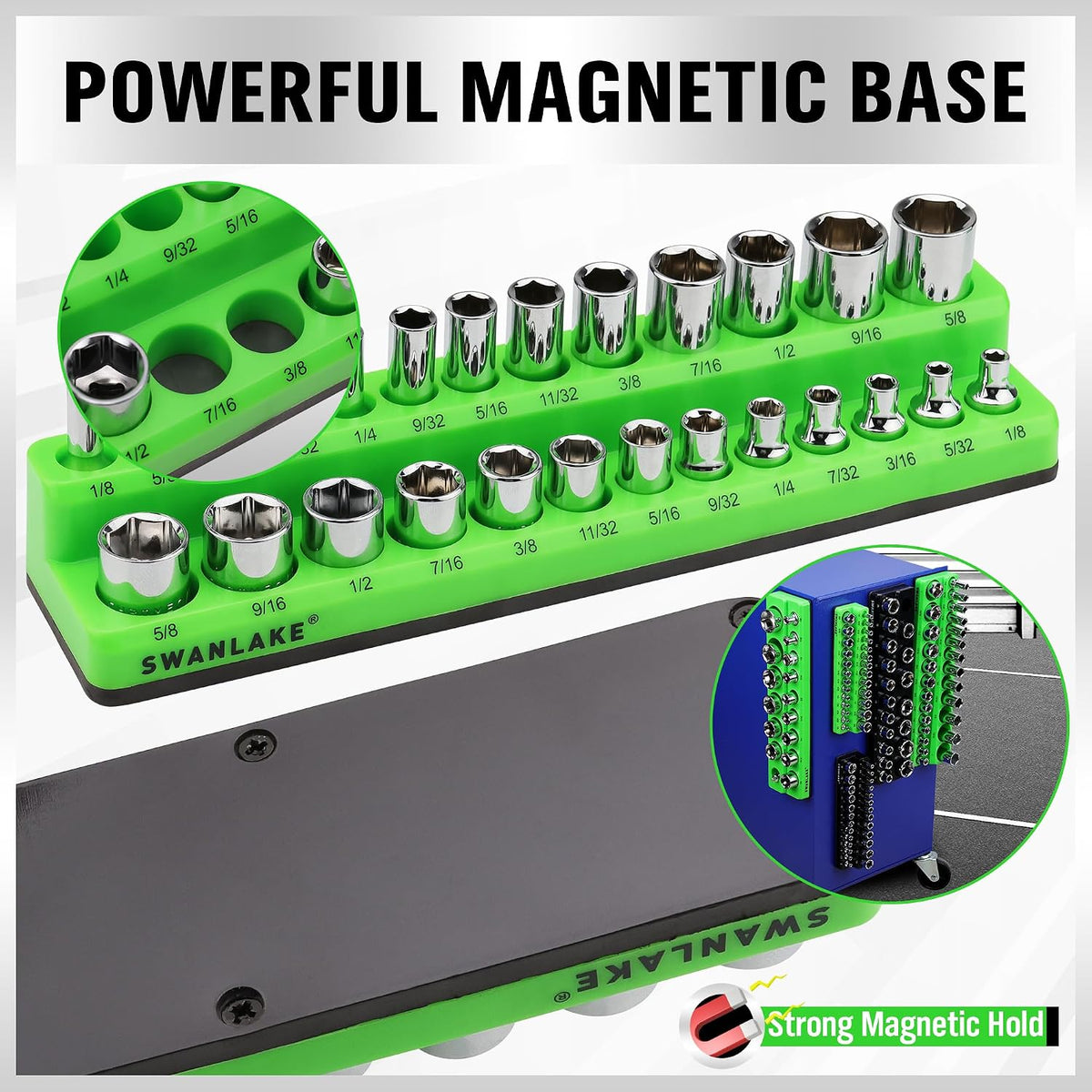 Magnetic Socket Organizer Set, 6-piece 1/4", 3/8", 1/2" SAE & Metric Sockets Holder, Drive Socket Trays, Storage Tool Box, Holding 143 Slots, Soft Rubber Covering Black Green Tools