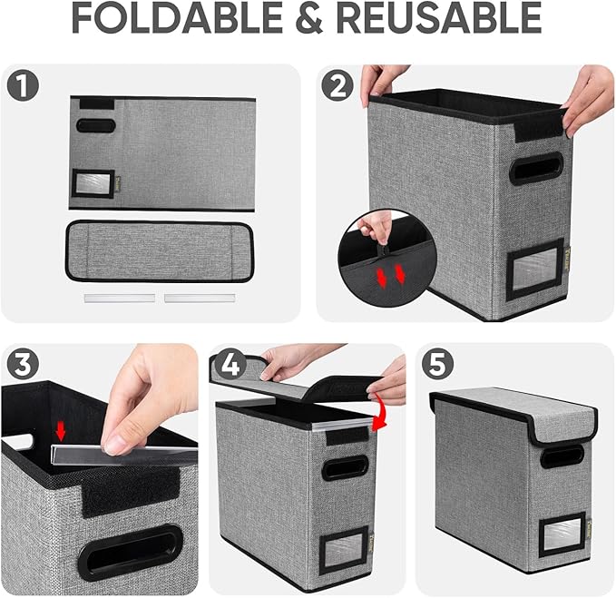BALEINE File Organizer Box with Lid, Collapsible File Folder Organizer with Plastic Slide, Hanging File Folder Box for Office Document Storage (1 Pack, Grey, S)