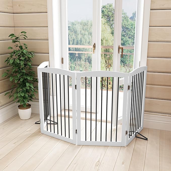 Freestanding Pet Gate for Dogs, Indoor Wooden Dog Gate for House, Foldable Dog Gate for Doorway, Stair, Gates for Dogs Indoor, 80 Inch Wide, 4 Panels 32", White