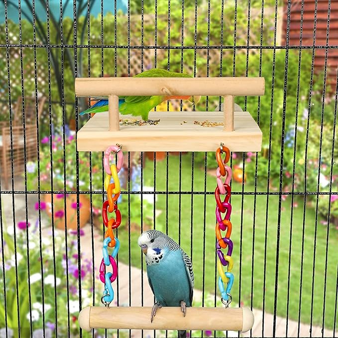 Natural Wood Bird Perch Platform with Colorful Chain Swing Toy, Parrot Hanging Stand Perch for Cockatiels Parakeets Lovebirds Budgies Conures, Cage Accessories Chewing Grinding Exercise Play Gym.