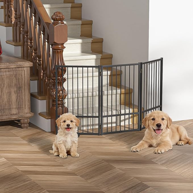 Full Metal Freestanding Dog Gate with Door, 32''Height Foldable Pet Dog Fence for Indoor & Outdoor, 3 Panels Extra Wide Free Standing TallDog Gates for Doorways,House,Stairs,Porch,Deck,Yard