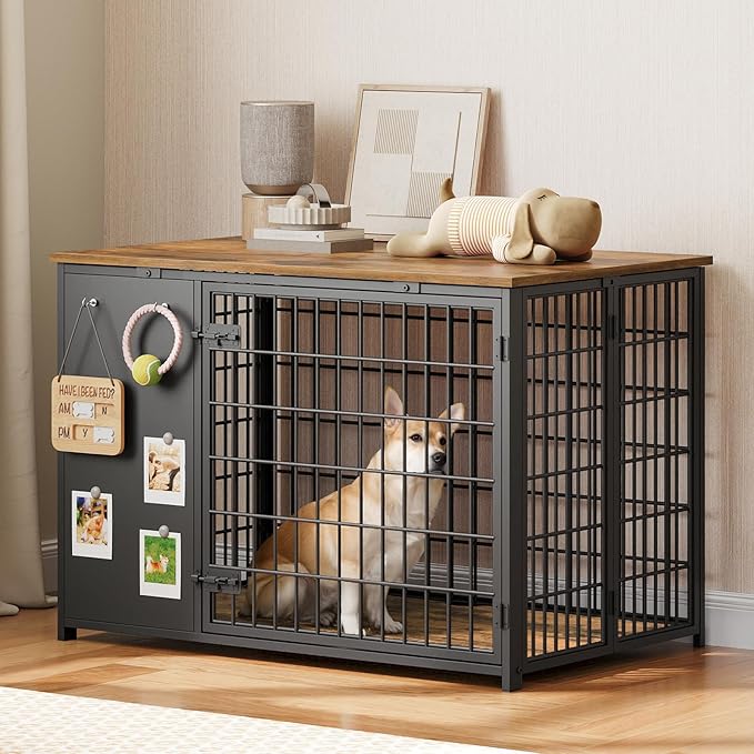 Foldable Dog Crate Furniture, Dog Crate with DIY Frame, Heavy Duty Dog Kennel Indoor with Hooks, Wooden Dog Cage End Table, for Small/Medium Dogs, Rustic Brown and Black DC95BR