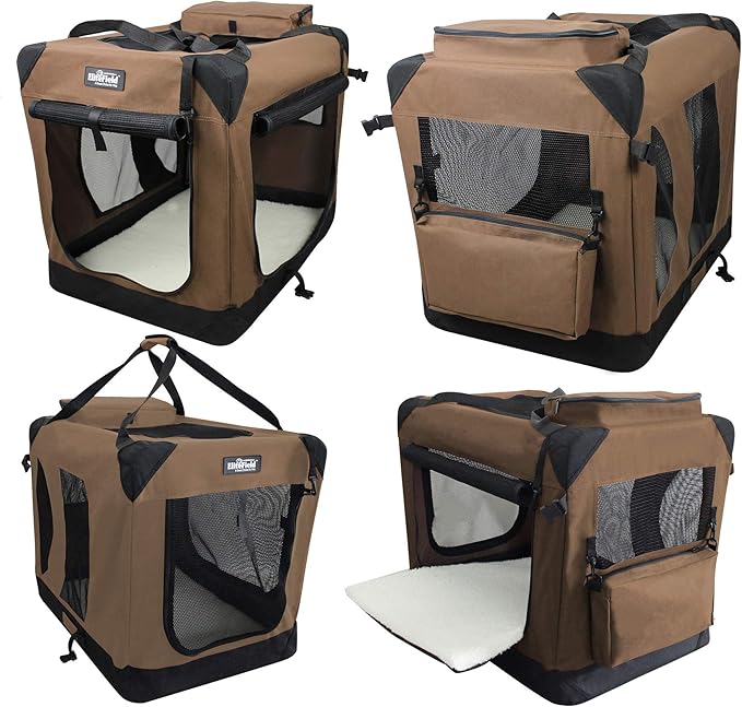 EliteField 3-Door Folding Soft Dog Crate with Carrying Bag and Fleece Bed (2 Year Warranty), Indoor & Outdoor Pet Home (30" L x 21" W x 24" H, Brown)