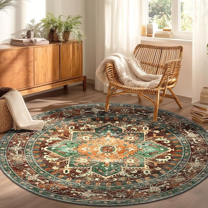 Yamaziot 6FT Round Washable Area Rug, Non-Slip Boho Circle Rugs