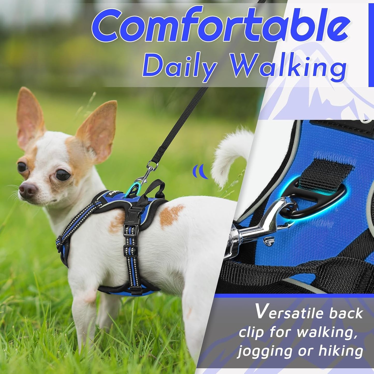 Eagloo Small Dog Harness No Pull, Service Vest with Reflective Strips and Control Handle, Adjustable and Comfortable for Easy Walking, No Choke Pet Harness with 2 Metal Rings, Blue, XS