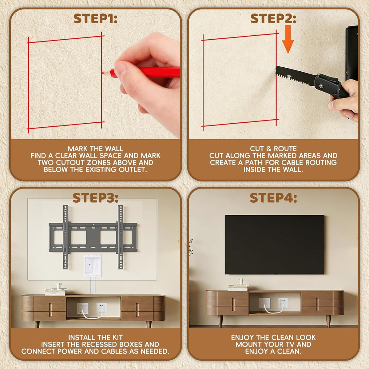 in Wall Cable Management Kit With Recessed Tv Socket Box, 9FT Cord, Tv Cable Concealment Management Kit, Wall Mounted Tv Recessed Socket Box Suitable for All Plugs