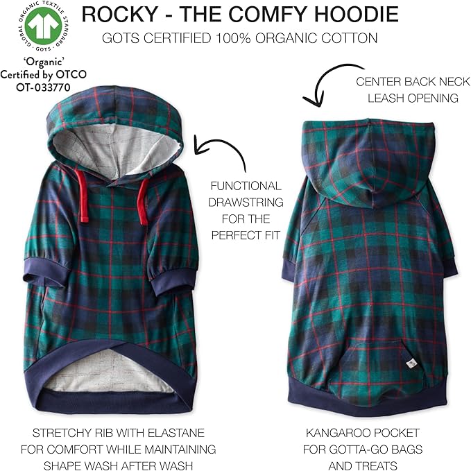 Rocky – The Orginal Lightweight Hooded TEE 100% Organic Cotton Dog Hoodie Pet Coat Sweater for Small, Medium, Large Dogs, Black Watch Plaid, XX-Small