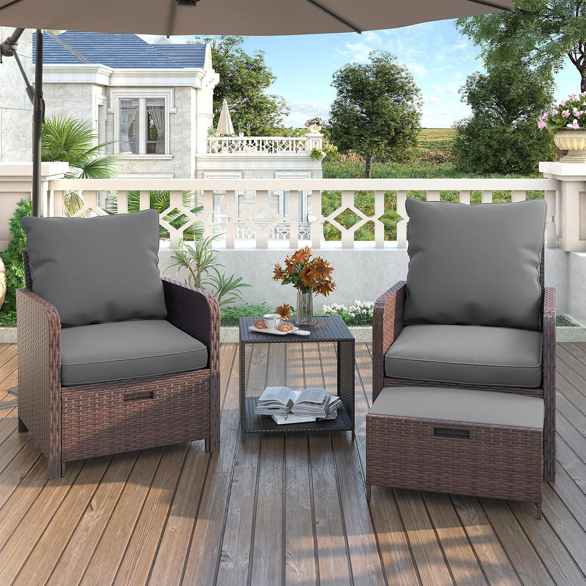 UDPATIO Balcony Furniture, Space-Saving Patio Chairs with Ottoman