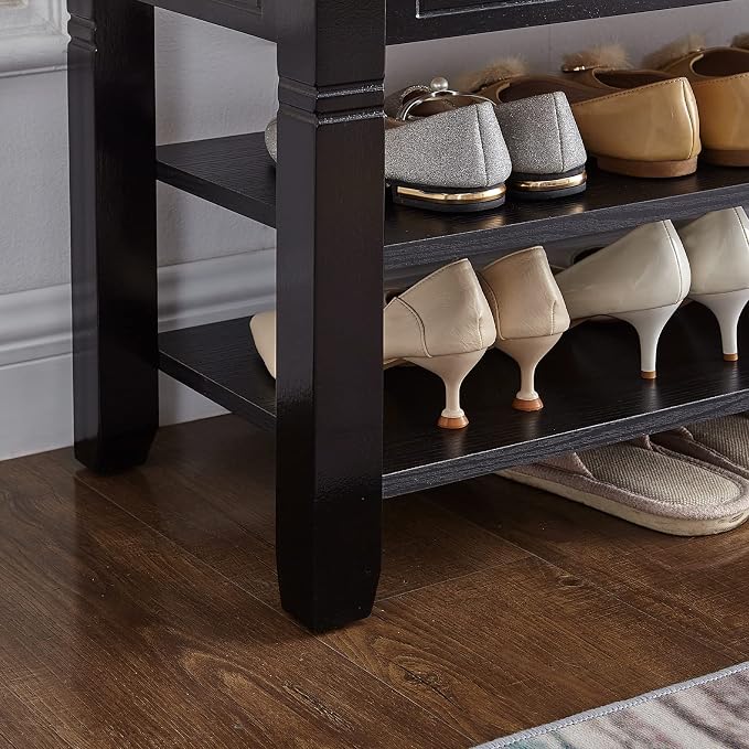 Shoe Storage Bench with Cushion, Entry Bench with Storage Solid Wood Shoe Bench