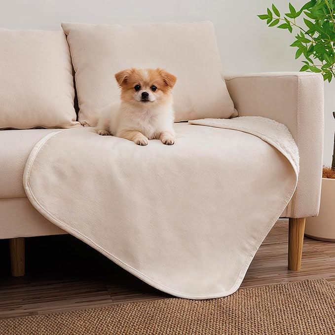 Waterproof Dog Blanket for Small Dog, Leak Proof Pet Couch Sherpa Throw Blankets for Cat, Reversible Sofa Bed Protector Machine Washable-25 x35,Beige