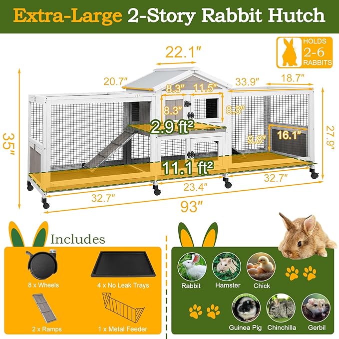 PetsCosset Double Rabbit Hutch Outdoor Indoor Large Bunny Cage with Dual Side Runs, 2-Story Wooden Hutch with 4 Leak Proof Trays, 8 Wheels, Waterproof Roof, Ramp, for Small to Medium Animals