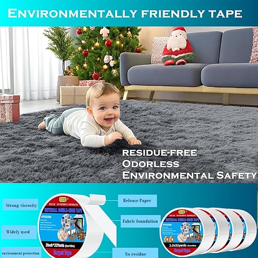 Double Sided Carpet Tape 2 in x 22 yd Heavy Duty - Strong Adhesive for Area Rugs, Mats, Stairs on Hardwood, Tile, Concrete Floors No Residue Removable