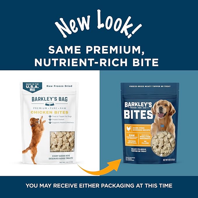 Barkley’s Bag Chicken Bites, Freeze Dried Dog Treats & Food Topper, Made with Chicken and Brown Rice, Small Bite-Sized Pieces for Training Rewards, for All Dog Breeds, Ages & Sizes, 4 Oz Bag (3 Pack)